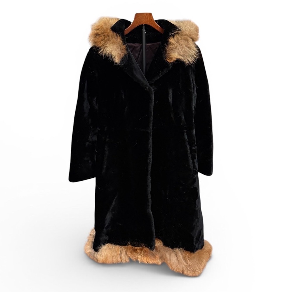 Vtg Black Faux Fur Full Length Hooded Coat Tan Trim Trimmed Hood hippie boho S